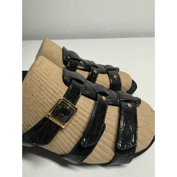 Vionic Radia Black Patent Croco Wedge Sandals Size 8 US Adjustable 3 Strap Gold - Picture 2 of 11
